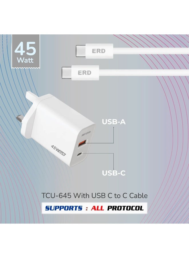 ERD شاحن سريع ERD TCU-645 بقوة 45 واط - منفذين USB-A و USB-C مع كابل C إلى C | شحن سريع متعدد الأجهزة | أبيض | 45 واط - Image 1